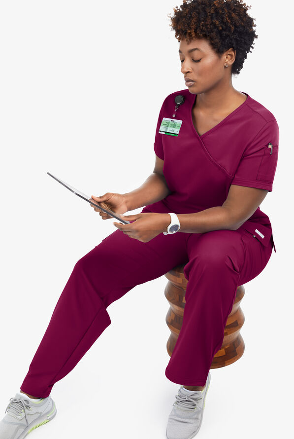 Butter-Soft Women's 5-Pockets Faux Wrap Scrub Top **Slightly IRREGULAR** - Wine - 7