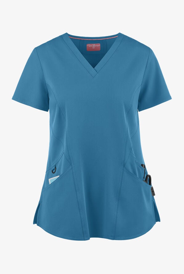 Zavate Ava Therese Women's 3-Pocket STRETCH Back Rib-Knit&nbsp;V-Neck Scrub Top - Blue Shadow - 1