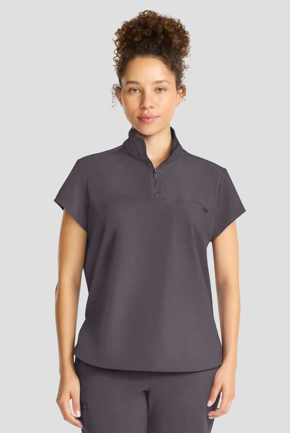 Healing Hands Quest Women's 1-Pocket STRETCH Tuck In Half Zip Collar Scrub Top - Pewter - 2