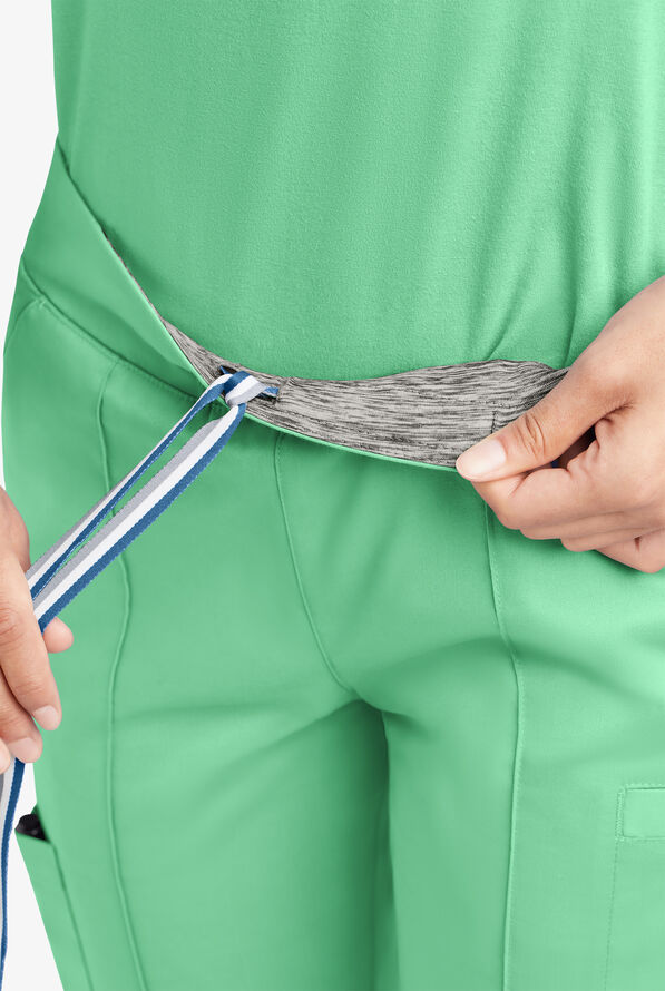 Butter-Soft STRETCH Women's 6-Pocket Pin-Tuck Crop Slim with Sport Trim Detail Scrub Pants - Green Jade/Silver Melange - 3