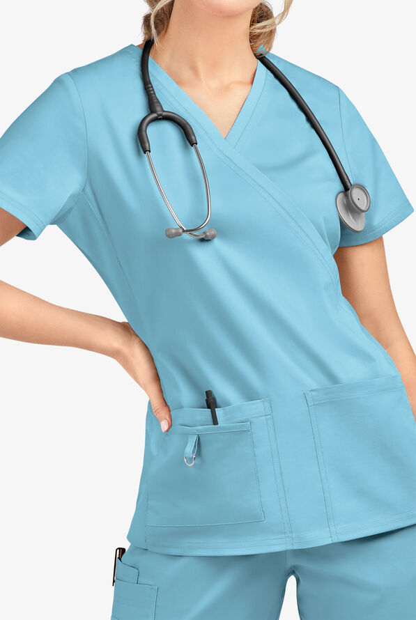 Butter-Soft STRETCH Women's 3-Pocket V-Neck with Side Knit Panels Scrub Top - Poolside View - 4