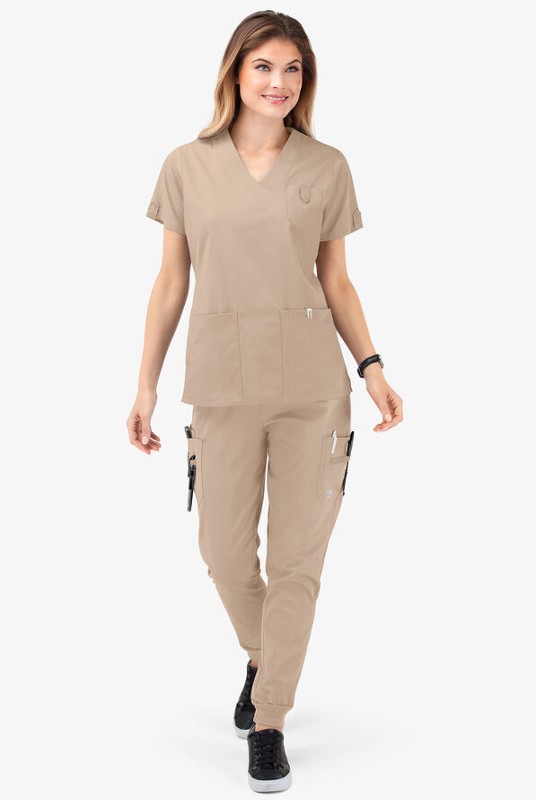 Butter-Soft STRETCH Women's 6-Pocket V-Neck Scrub Top - Iced Latte - 2
