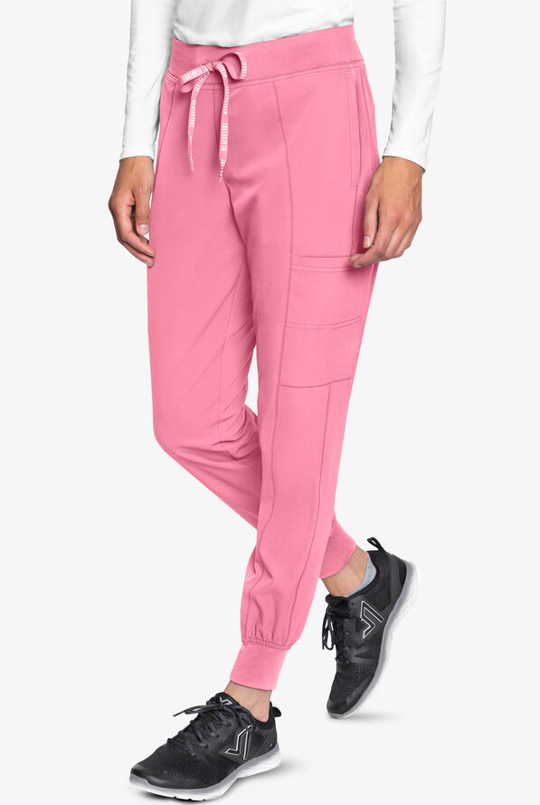 Med Couture Peaches Women's 4-Pocket STRETCH Seamed Cargo Jogger Scrub Pants - Petite - Taffy Pink - 1