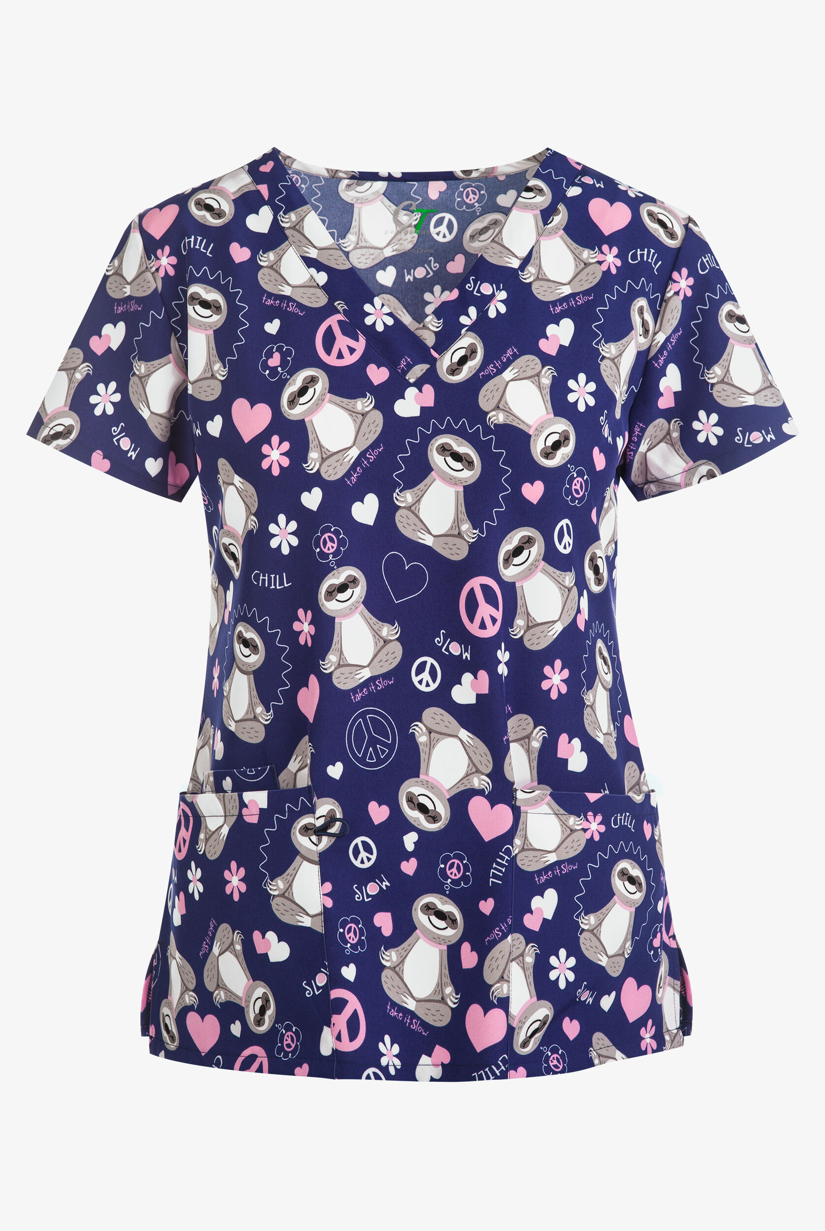 Green Town Zen Sloths Print Scrub Top | Animal Scrubs
