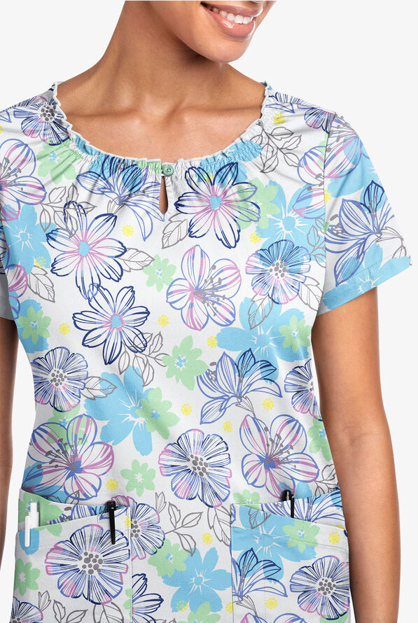 Butter-Soft STRETCH Floral Poolside View Women's 6-Pocket Peasant Style Print Scrub Top - null - 2