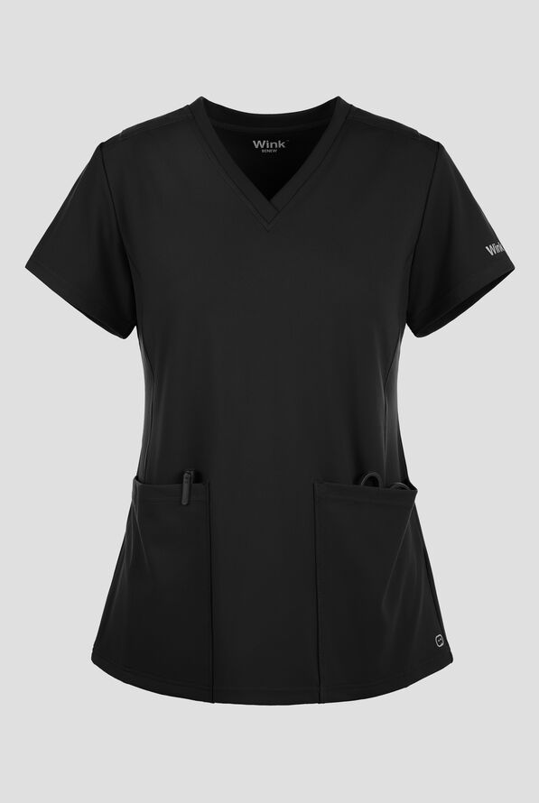 Wink Renew Knit Women's 2-Pocket STRETCH Flex N Reach Panel V-Neck Scrub Top - Black - 1