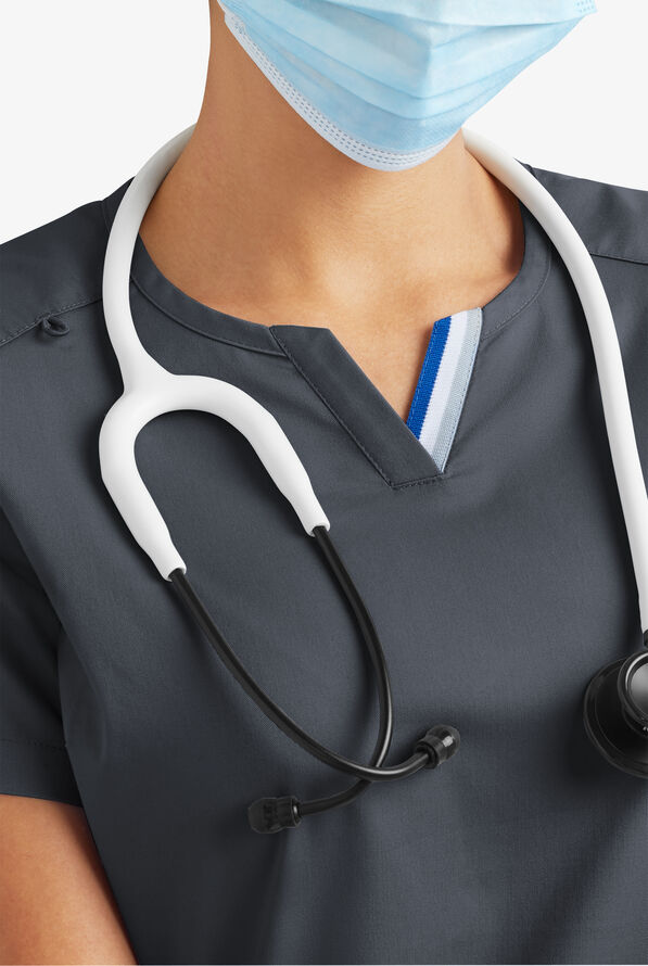 Butter-Soft STRETCH Women's 6-Pocket Short Sleeve Notch Placket with Sport Trim Detail Scrub Top - Pewter - 3