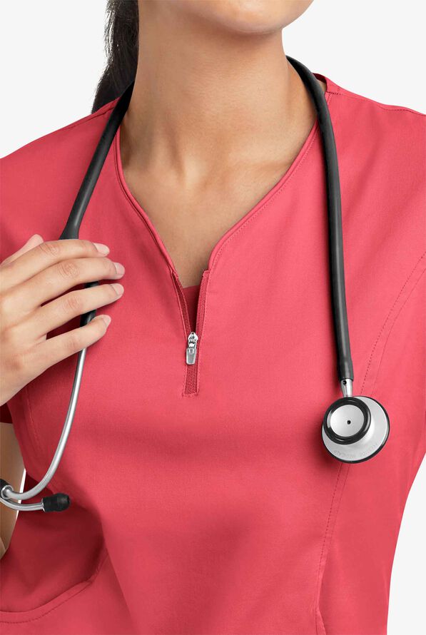 Butter-Soft STRETCH Women's 4-Pocket Curved Neck Zipper Scrub Top - Coral Spice - 5