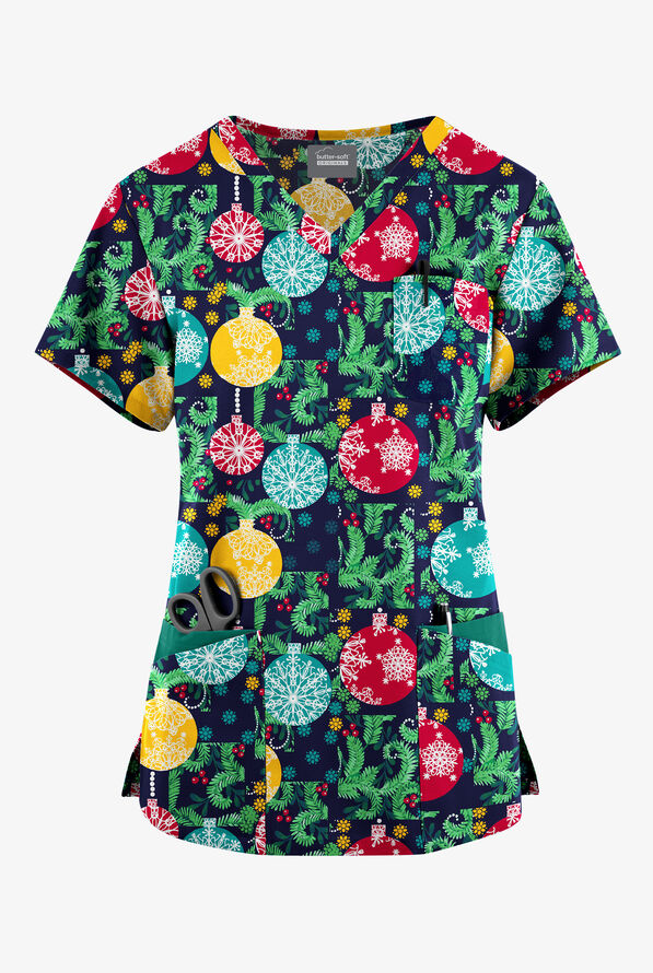 Butter-Soft Originals Baubles And Berries Navy Women's 7-Pocket Rounded V-Neck Print Scrub Top - null - 1