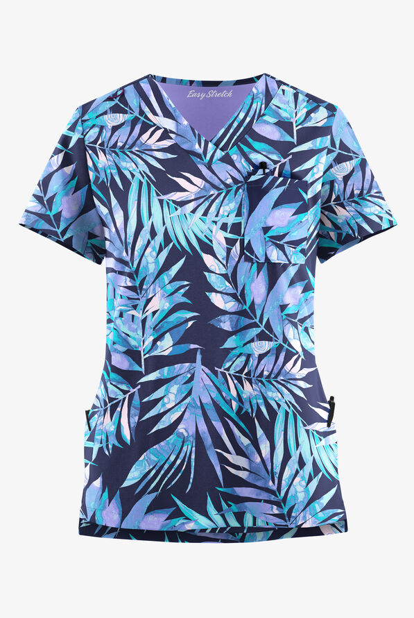 Easy STRETCH Watercolor Tropical Women's 3-Pocket High Low V-Neck Print Scrub Top - null - 1