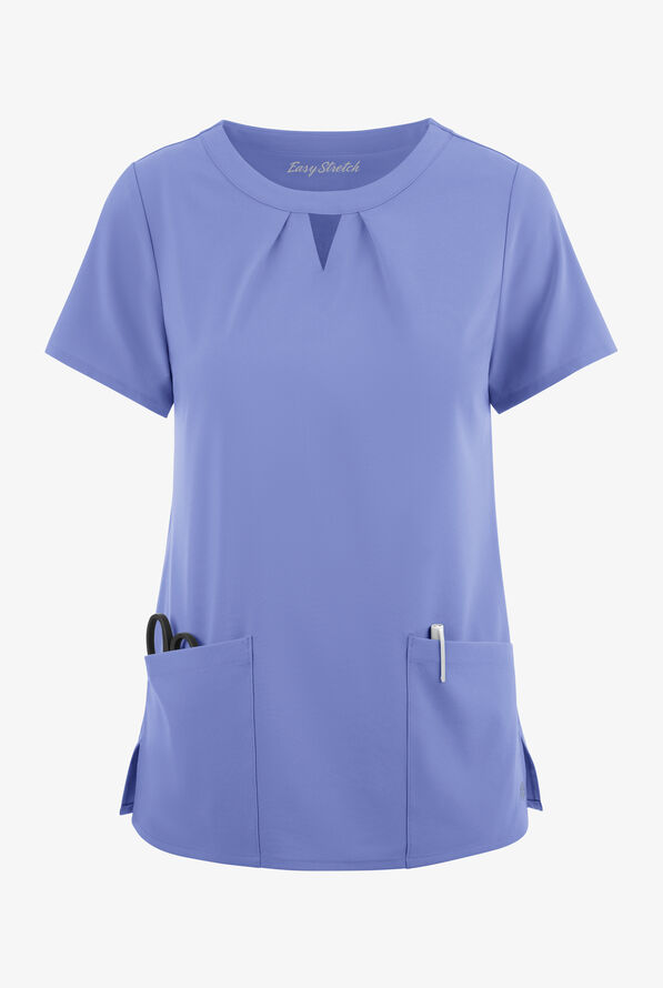 Blusa médica Easy STRETCH Salma con cuello ojo de cerradura y 3 bolsillos para mujer - Ceil Blue - 1