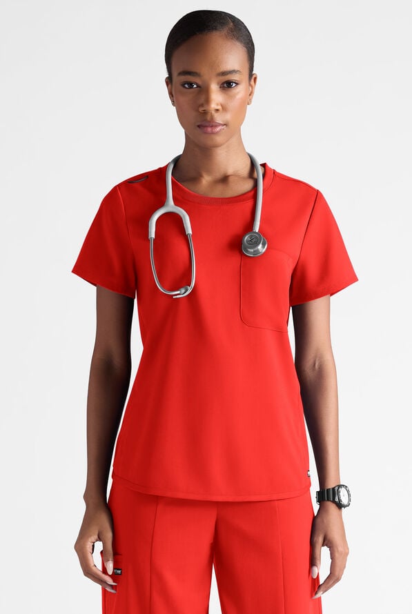 Grey's Anatomy by Barco Emerge Ally Women's 1-Pocket STRETCH Crew Neck Tuck In Scrub Top - Sunset Orange - 3