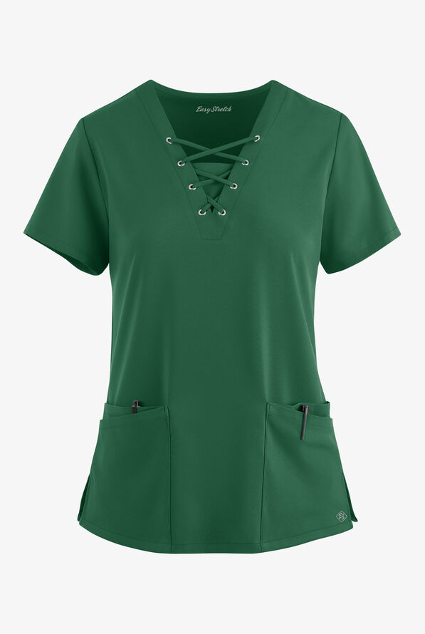 Easy STRETCH Gisele Women's 4-Pocket Lace Up V-Neck Scrub Top - Hunter - 1