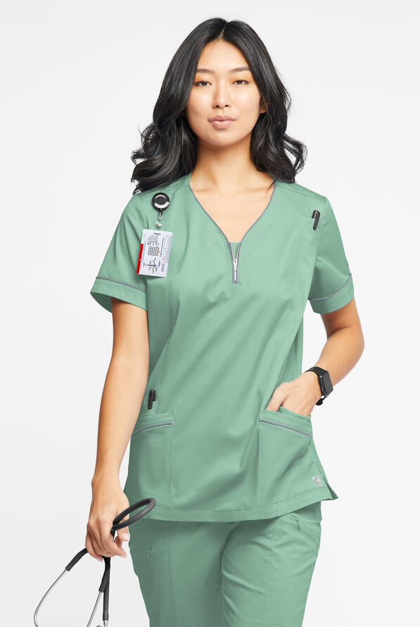 Butter-Soft STRETCH Women's 5-Pocket V-Neck with Front Zipper Scrub Top - Water Mint/Silver - 2