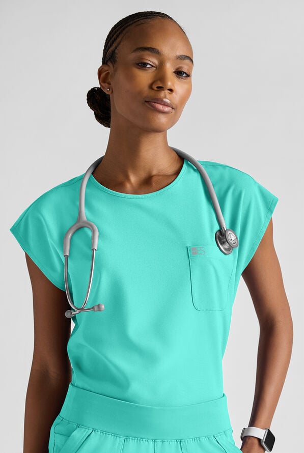 Easy STRETCH Women's Dolman Sleeve Crew Neck Scrub Top - Aqua Dust - 1