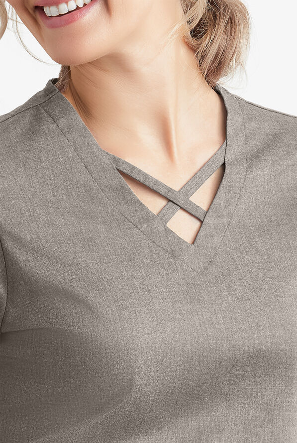 Blusa m&eacute;dica UA Butter-Soft STRETCH con lazos entrecruzados y 4 bolsillos para mujer - Heather Grey - 3
