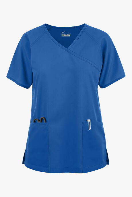 Blusa médica Butter-Soft Originals estilo cruzado con mangas raglán y 3 bolsillos para mujer