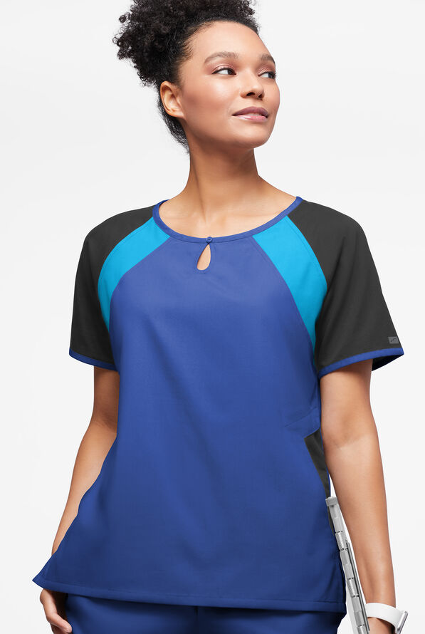 Blusa m&eacute;dica Butter-Soft Originals Tri-Colorblock con cuello ojo de cerradura y 3 bolsillos para mujer - Galaxy/Black/Turquoise - 3