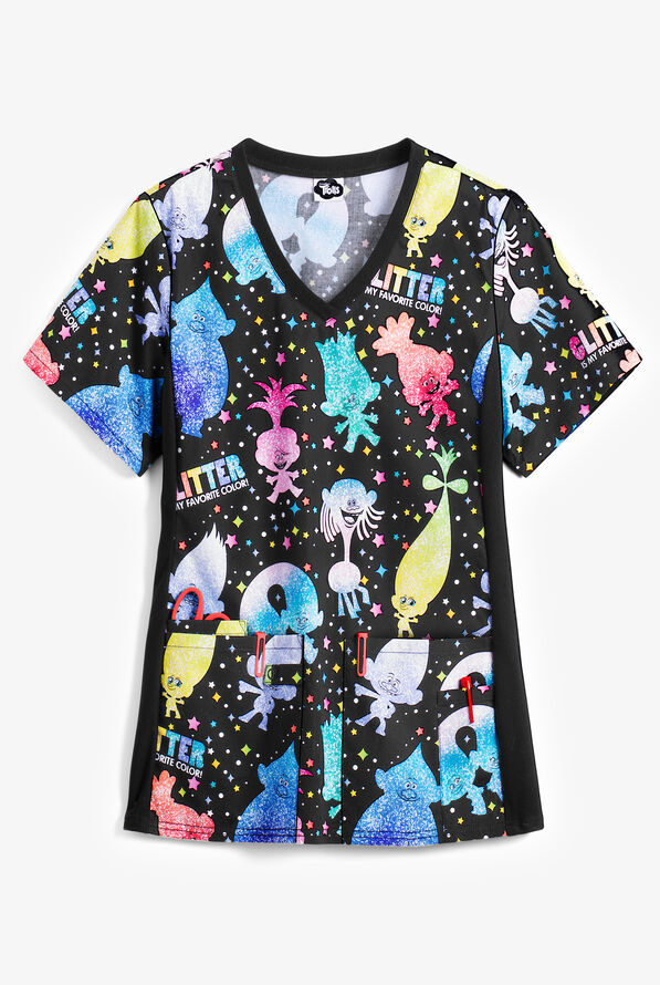 Blusa m&eacute;dica estampada Cherokee Tooniforms DreamWorks Trolls Glitter Trolls con cuello en V y 4 bolsillos para mujer - null - 1