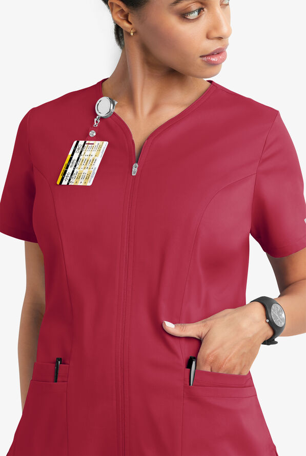 Butter-Soft STRETCH Women's 4-Pocket Smooth Face Zipper Scrub Top - Ruby - 3
