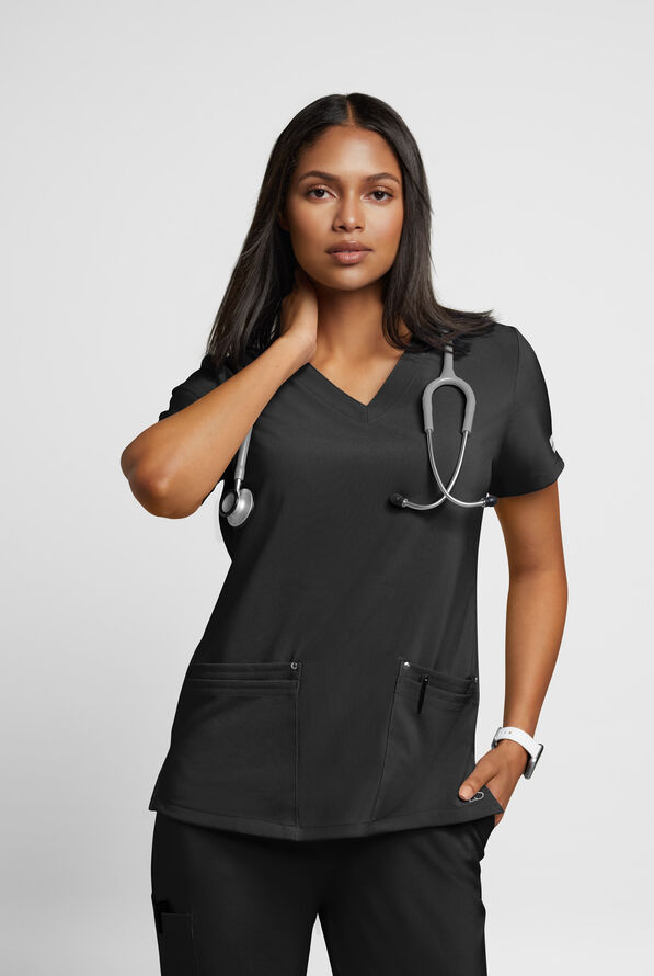 Easy STRETCH Lina Mitered Women's 4-Pocket V-Neck Scrub Top - Onyx Black - 2