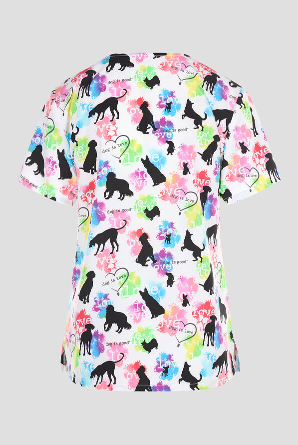 Tooniforms Dog Is Love Women's 2-Pocket STRETCH V-Neck Print Scrub Top - null - 2