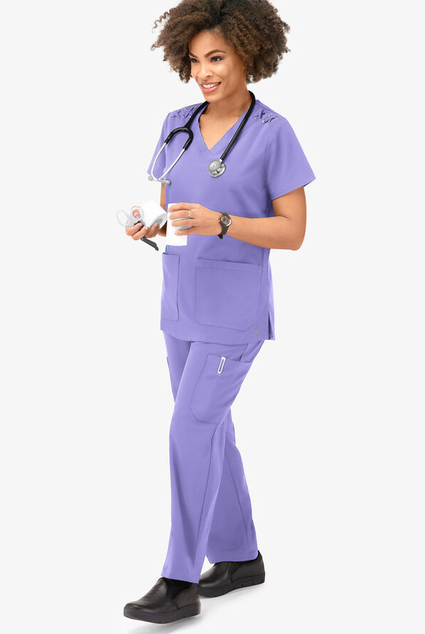 Blusa m&eacute;dica Easy STRETCH Leila con ojales con lazos y 3 bolsillos para mujer - Blueberry Crush - 6