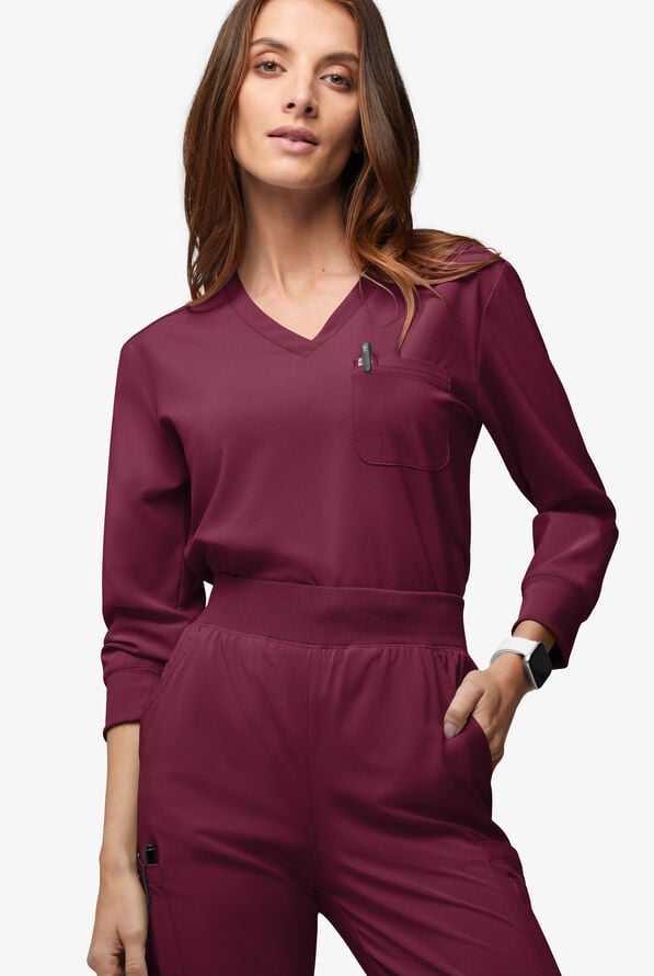 Blusa m&eacute;dica mangas 3/4 Easy STRETCH de corte holgado con cuello en V y 2 bolsillos para mujer - Wine - 2