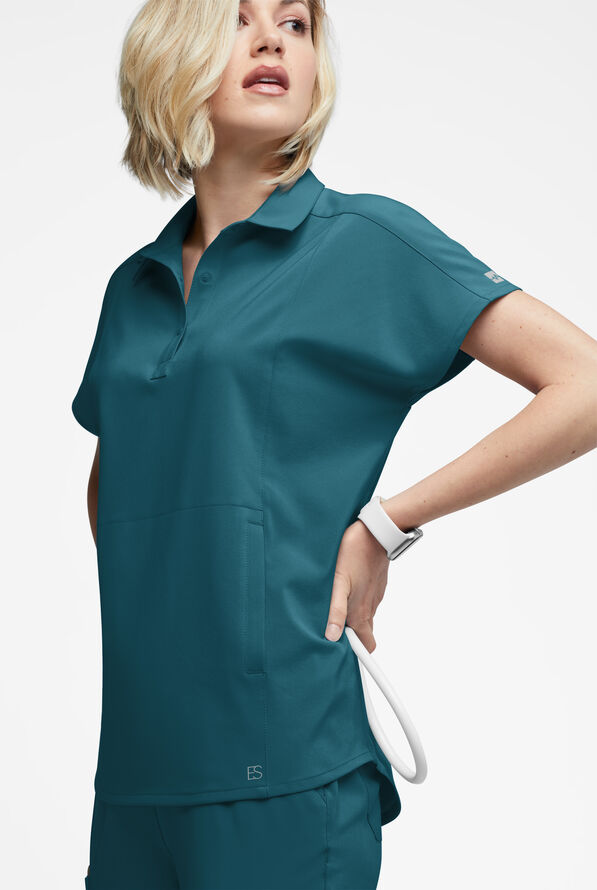 Easy STRETCH LEA Women's 3-Pocket Polo Collar Scrub Top - Caribbean Blue - 3
