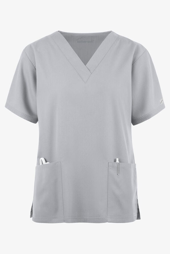 Butter-Soft Core Women's 2-Pocket V-Neck Scrub Top - Silver - 1