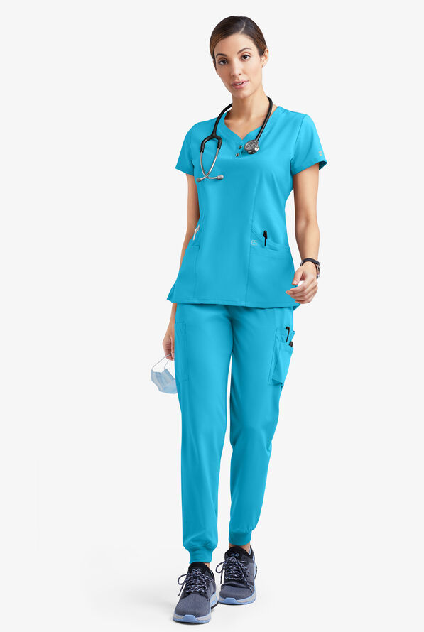 Easy STRETCH Demi Women's 4-Pocket Henley Scrub Top - Turquoise - 2