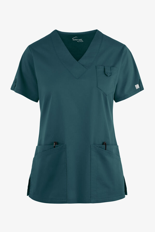Butter-Soft STRETCH Women's 6-Pocket V-Neck Scrub Top - Caribbean Blue - 1