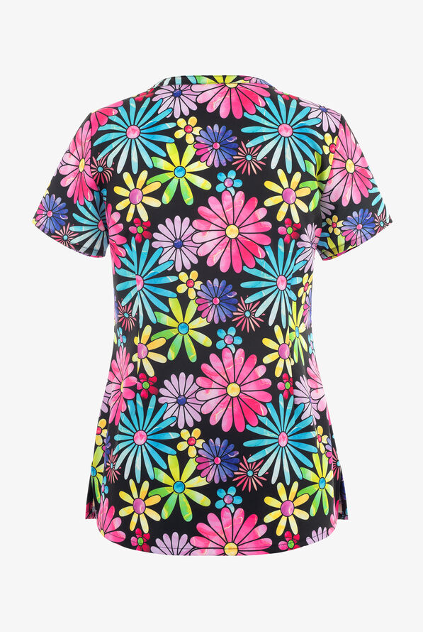 Maevn Bright Flower Child Women's 3-Pocket V-Neck Print Scrub Top - null - 2