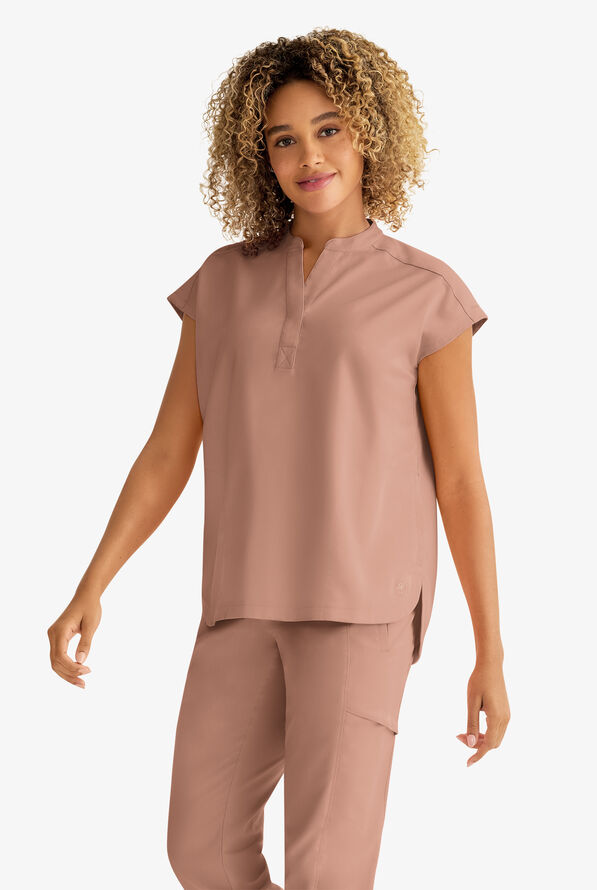 Healing Hands Purple Label Journey Women's 2-Pocket STRETCH Dolman Sleeve Mandarin Collar Scrub Top - Santa Fe Tan - 3