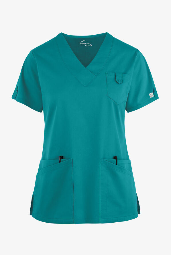Butter-Soft STRETCH Women's 6-Pocket V-Neck Scrub Top - Teal - 1