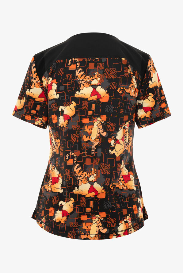 Tooniforms Disney's Winnie the Pooh Tumble Around Women's 2-Pocket STRETCH V-Neck Print Scrub Top - null - 2
