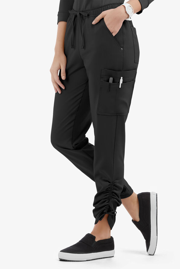 Easy STRETCH Halle Women's 11-Pocket Ruched Leg Jogger Scrub Pants - Petite - Onyx Black - 1