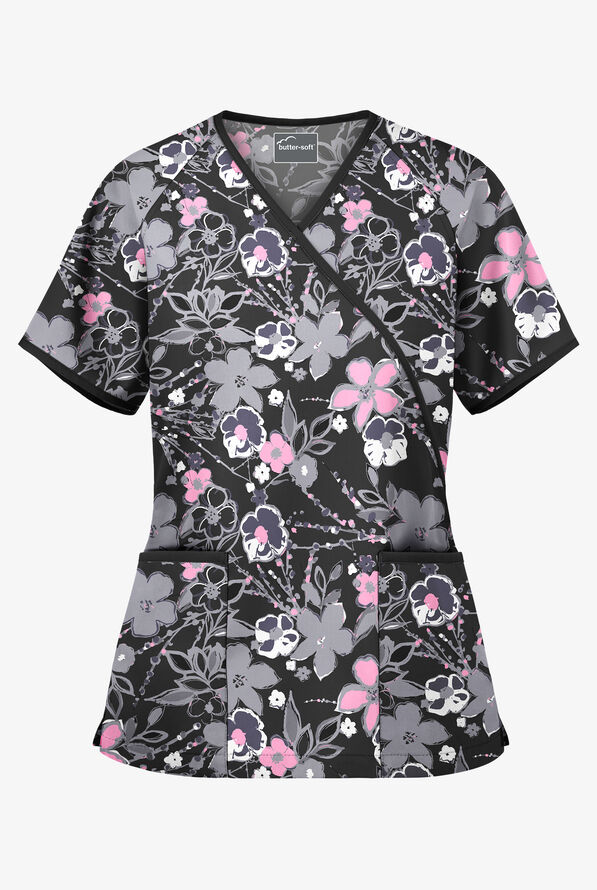 Blusa m&eacute;dica estampada Butter-Soft London Floral estilo cruzado con 2 bolsillos para mujer - null - 1