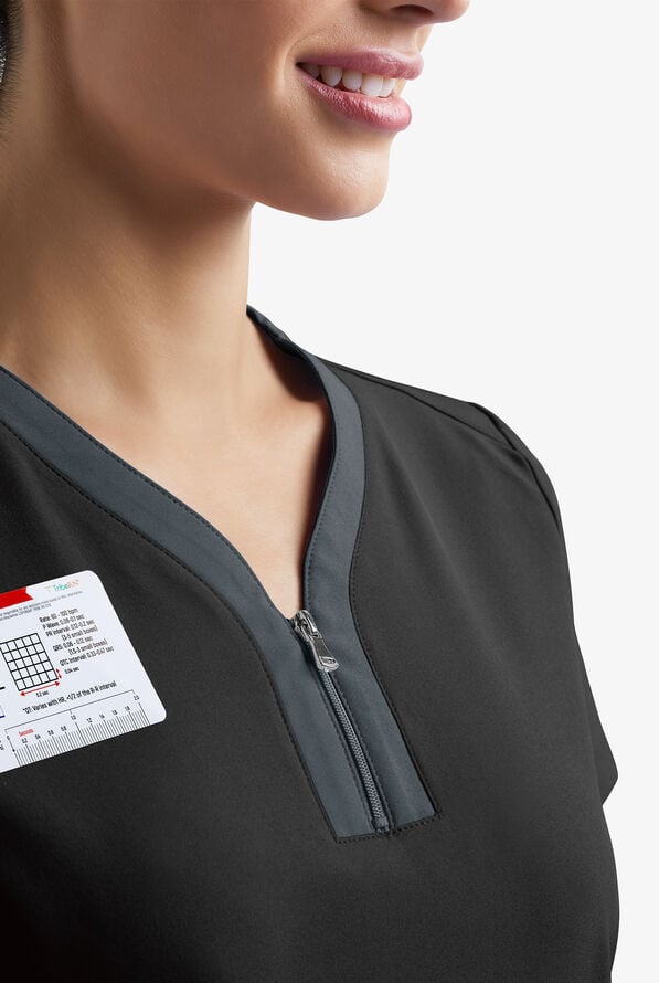 Easy STRETCH Lily Women's 4-Pocket Zip Neck Henley Scrub Top - Onyx Black/Pewter - 6