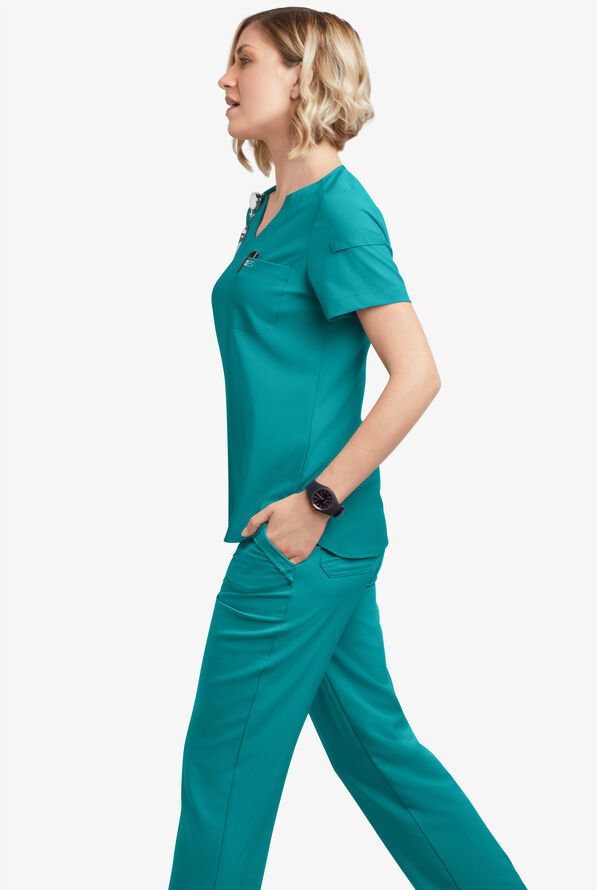 Easy STRETCH Nikki Women's 1-Pocket Scallop Neck Tuck-In Scrub Top - Teal - 5