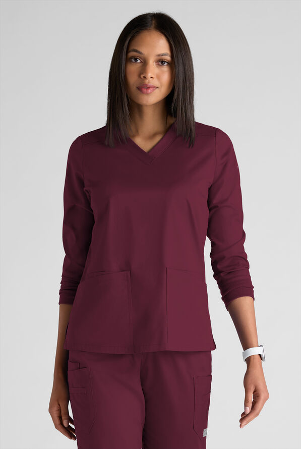Butter-Soft STRETCH Women's 5-Pocket 3/4" Sleeve V-Neck Scrub Top - Wine - 1