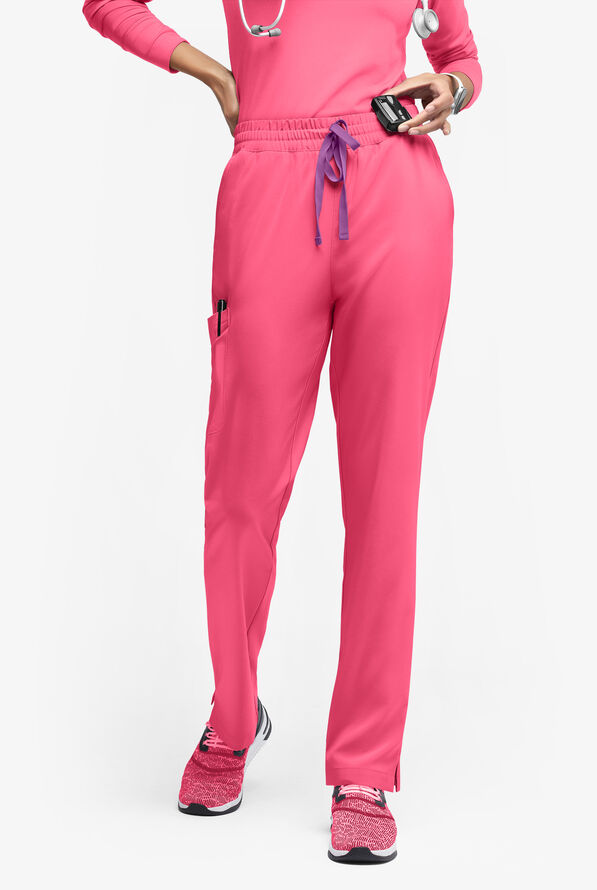 Easy STRETCH Naya Women’s Natural Waist 6-Pocket Straight Leg Scrub Pants - Petite - Strawberry Fizz/Purple Swirl - 1