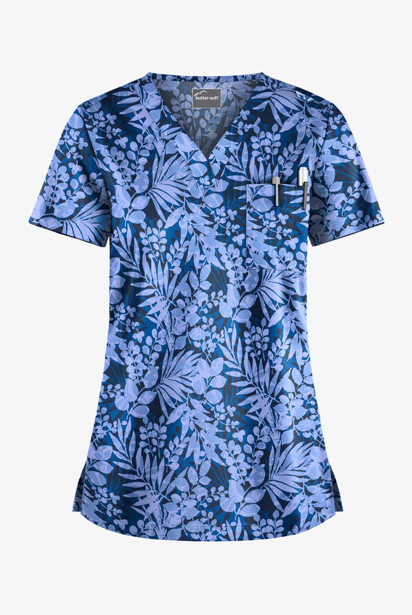 Butter-Soft Exotic Garden Royal Women's 1-Pocket V-Neck Tuck-In Print Scrub Top - null - 1