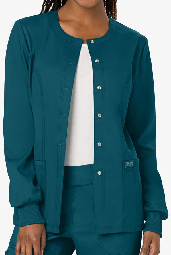 Cherokee Workwear Revolution Women's 3-Pocket STRETCH Snap Front Scrub Jacket - Caribbean Blue - 2