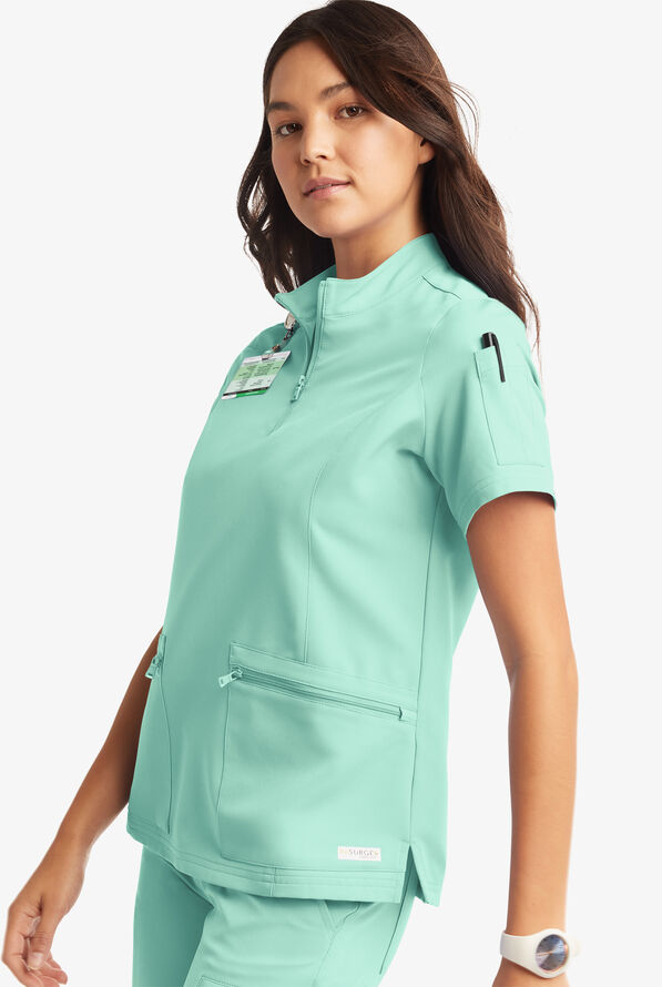 Butter-Soft Women's 5-Pocket Zipper Neck Short Sleeve Scrub Top **Slightly IRREGULAR** - Beachside Blue - 3