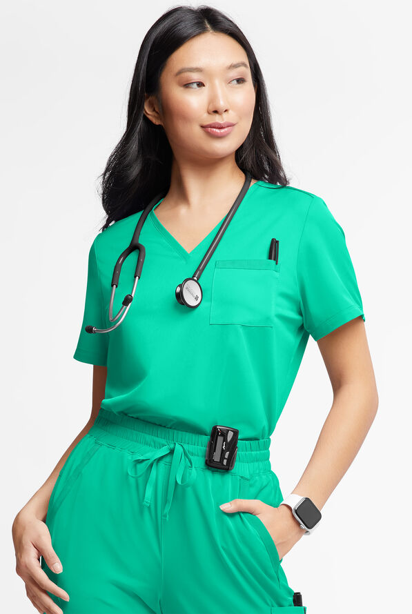 WhisperLite Zora Women's 2-Pocket Stretch V-Neck Tuck-in Scrub Top - Dynasty Green - 1
