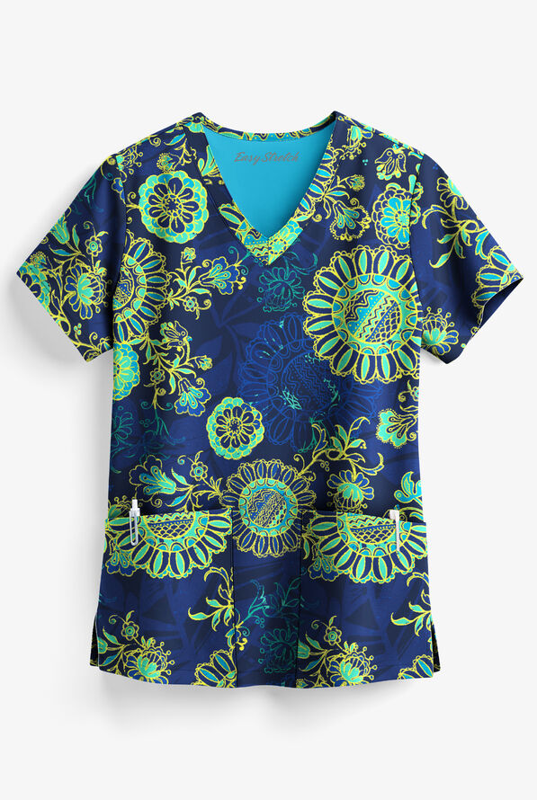 Easy STRETCH by Butter-Soft&trade; Neon Floral Women's 2-Pocket V-neck Print Scrub Top - null - 1