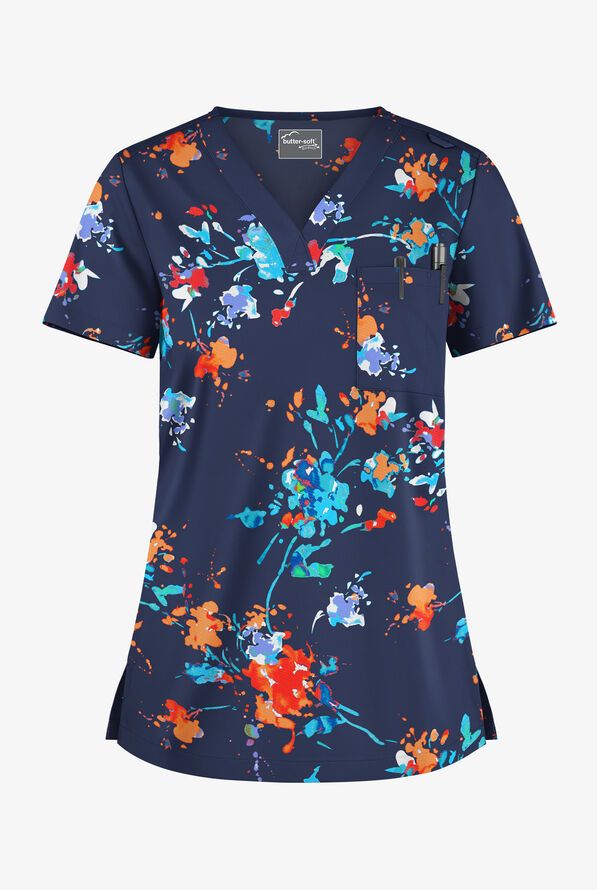 Butter-Soft STRETCH Floral Splash Navy Women's 1-Pocket Tuck-In V-Neck Print Scrub Top - null - 1