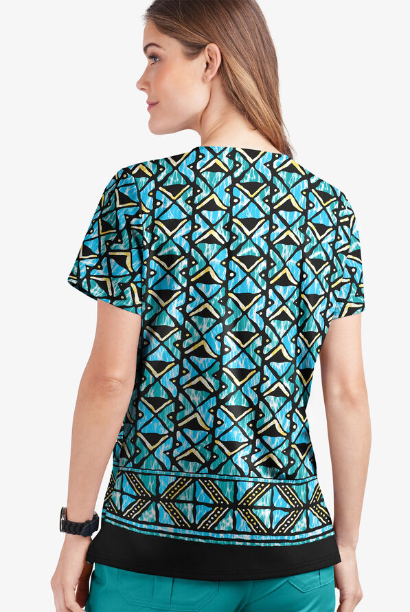 Butter-Soft STRETCH Day Dance Black Printed Women's 2-Pocket V-Neck Print Scrub Top - null - 2