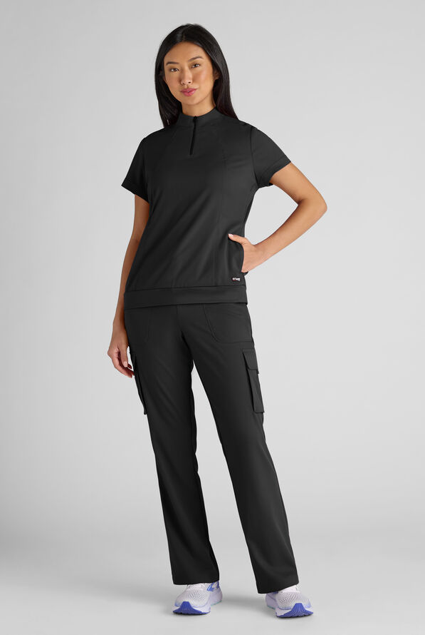 Grey's Anatomy by Barco Emerge Rowen Women's 2-Pocket STRETCH Banded Bottom Zip Scrub Top - Black - 7